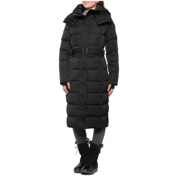 PAJAR AINSLIE Long Belted Puffer Down Coat Parka Jacket, Black, size S/P - Picture 2 of 12